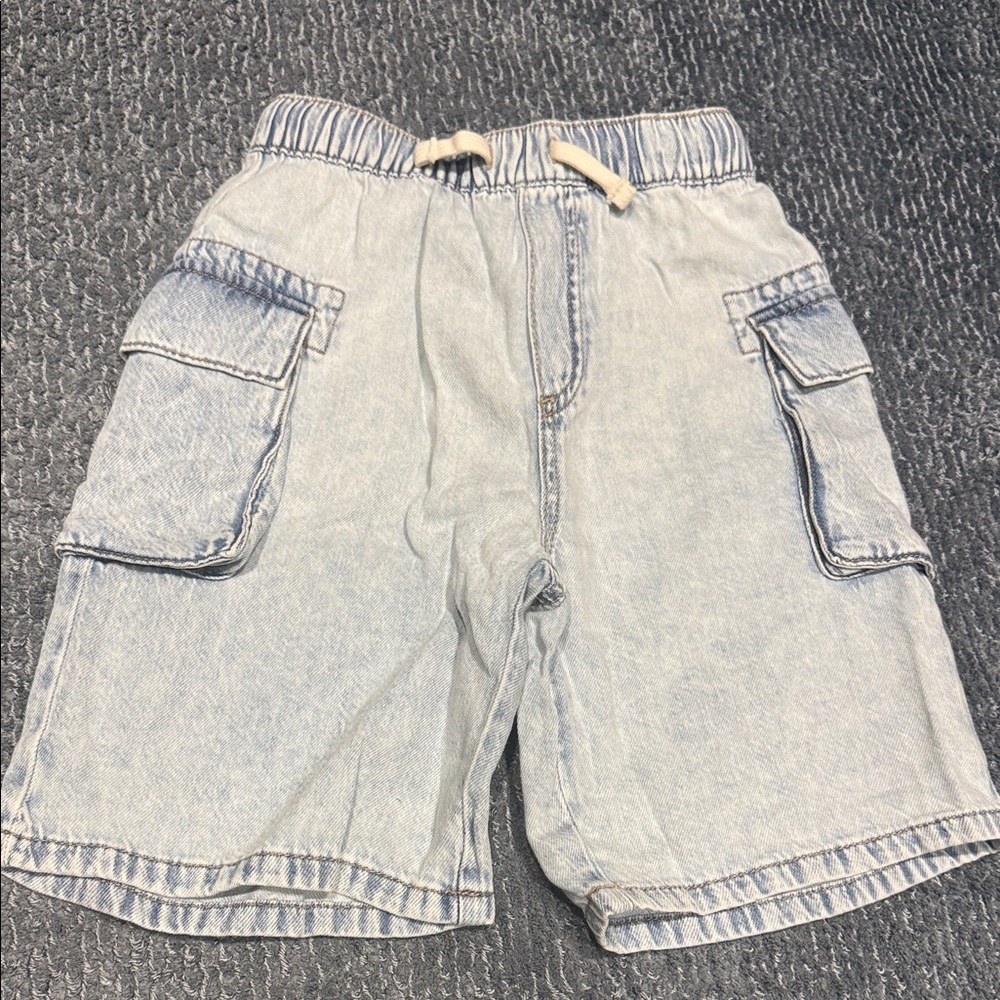 Boys light Wash Denim Cargo Shorts - Drawstring Waist
